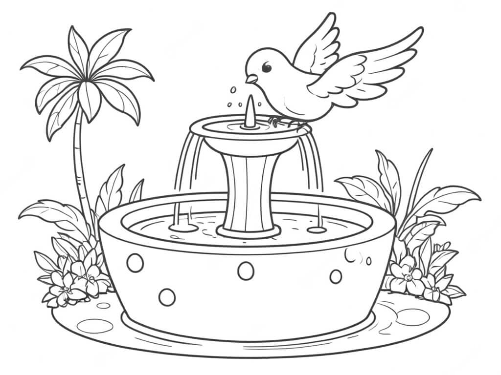 Bird drinking from a fountain coloring page