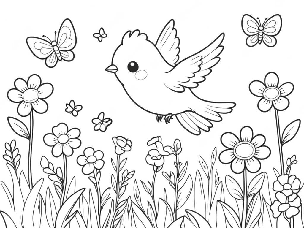 Bird flying in a flower garden coloring page