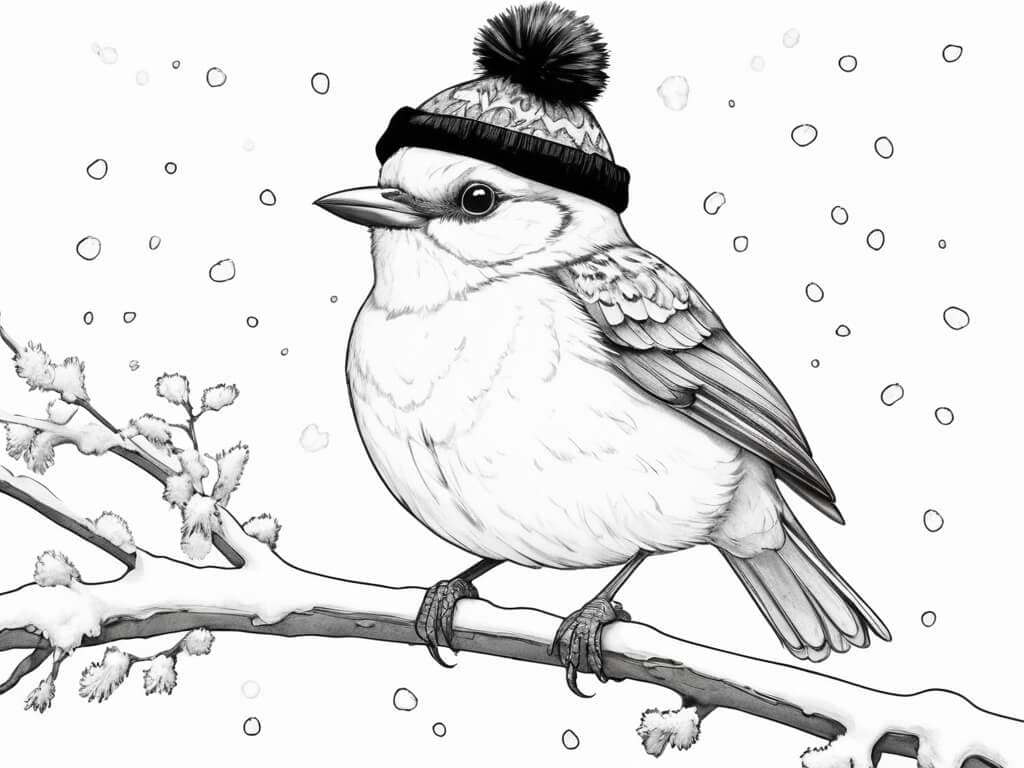 Bird in the snow coloring page