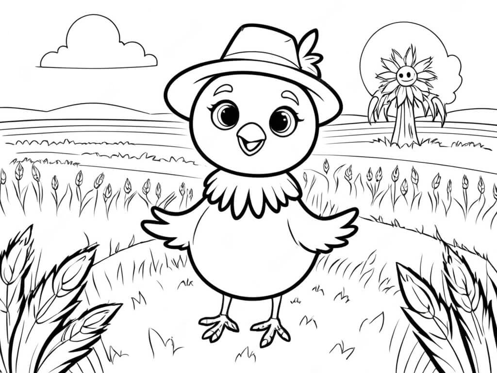 Bird with a hat in the field coloring page