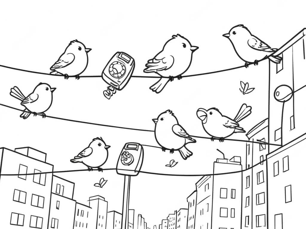 Birds on power lines coloring page