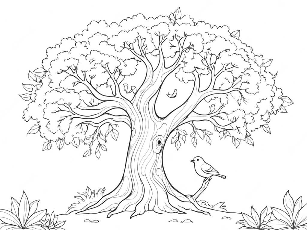 Large tree with a bird coloring page