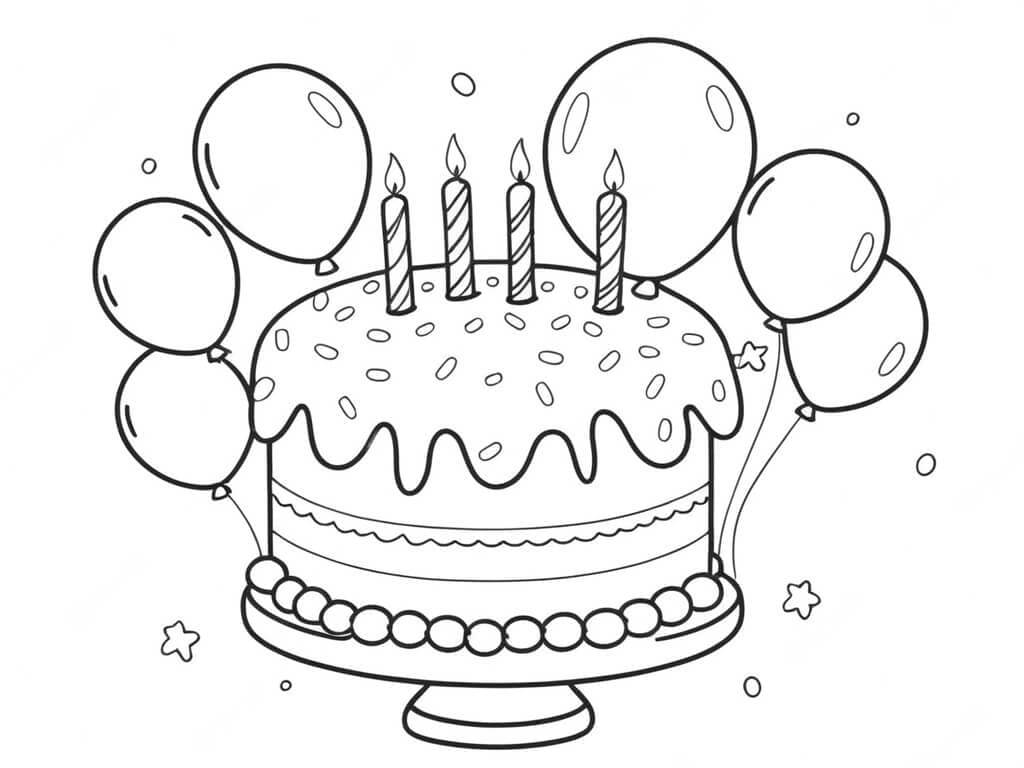 Birthday Cake and Balloons Coloring Page