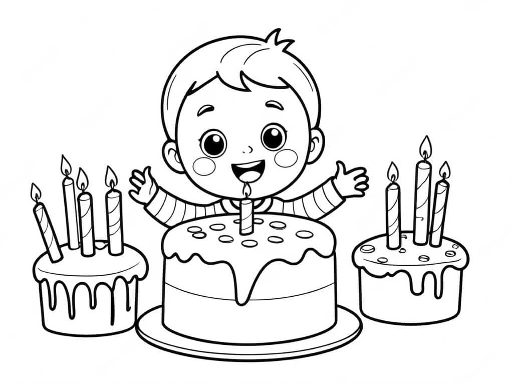 Birthday Cake and Birthday Child Coloring Page