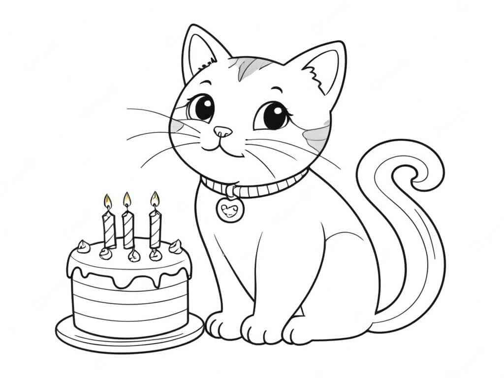 Birthday Cake with Cat Coloring Page