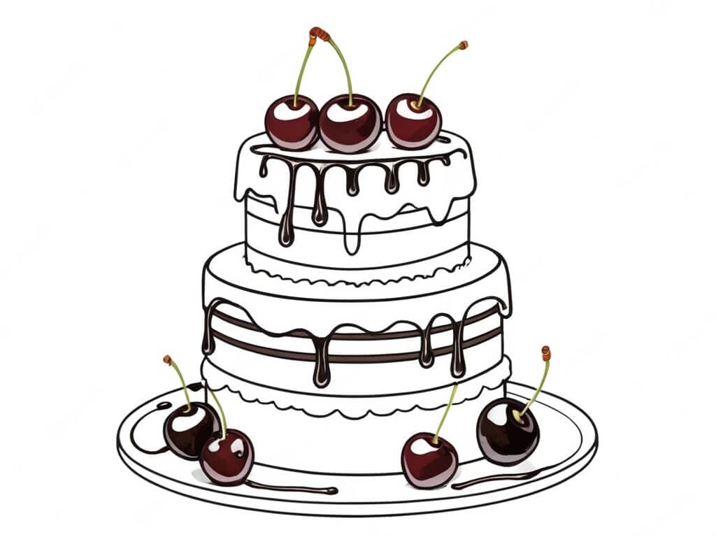 Birthday Cake with Cherry Coloring Page