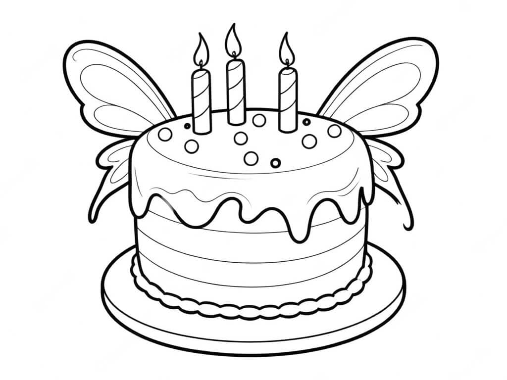 Birthday Cake with Fairy House Coloring Page