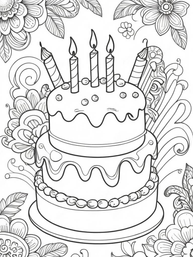 Birthday Cake with Flowers Coloring Page