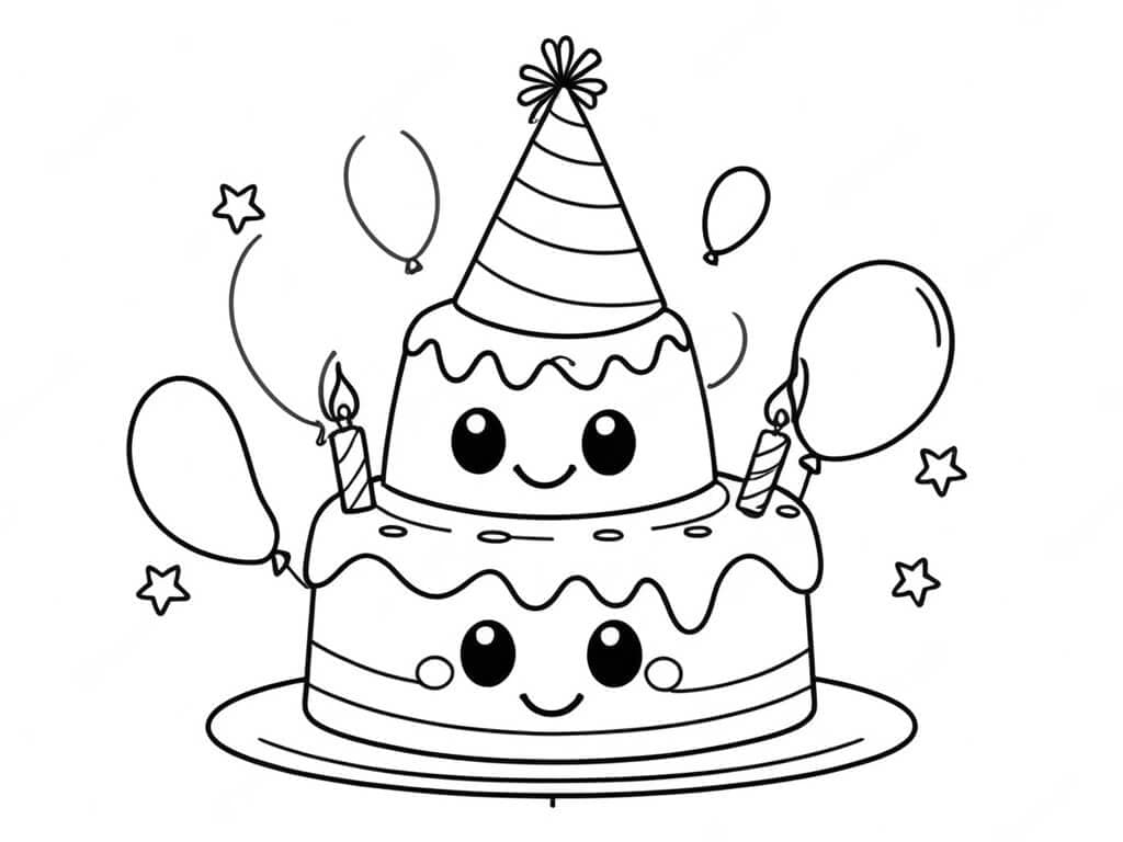 Birthday Cake with Hat and Balloons Coloring Page