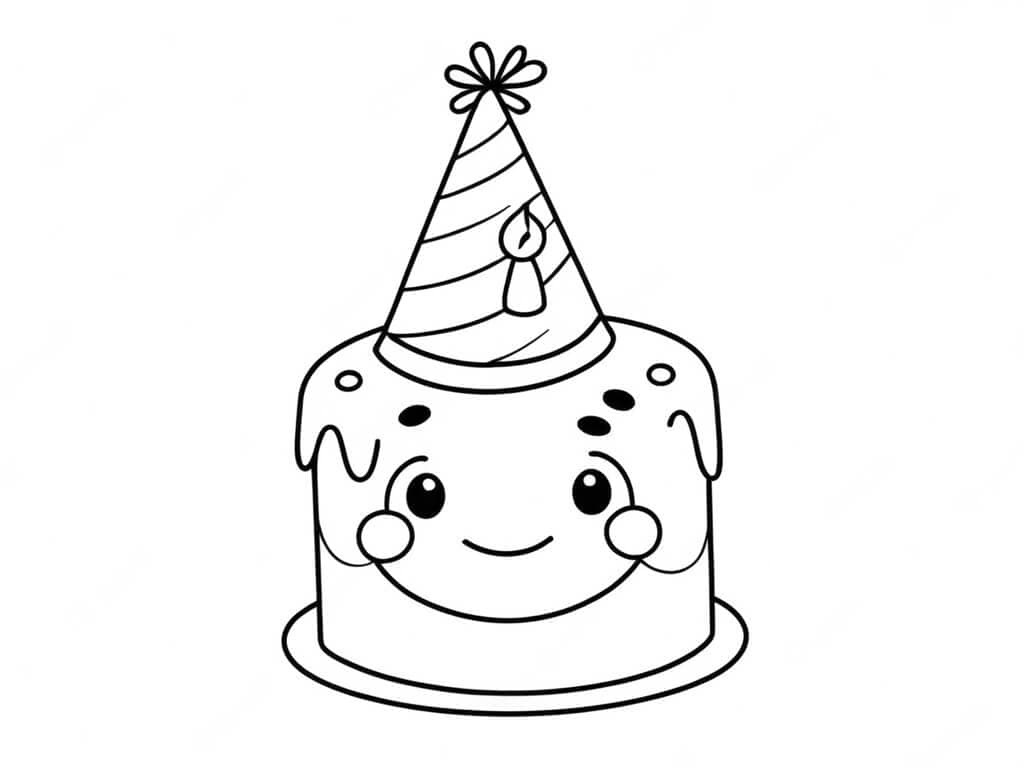 Birthday Cake with Party Hat Coloring Page