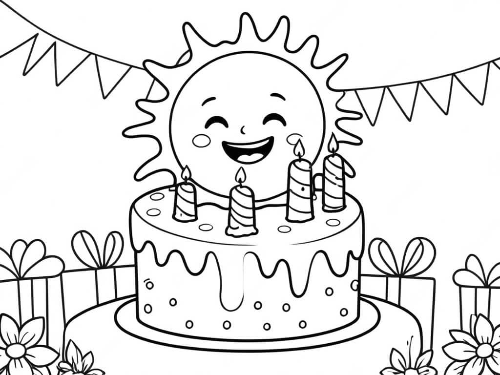 Birthday Cake with Sun Coloring Page
