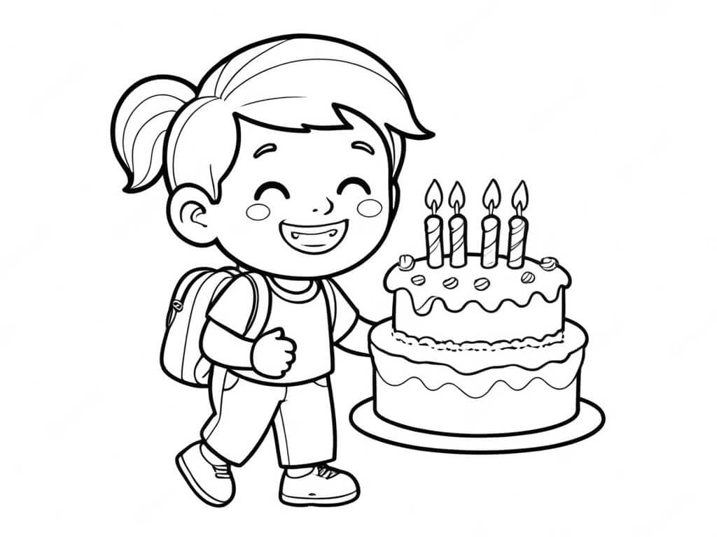 Child with Birthday Cake Coloring Page
