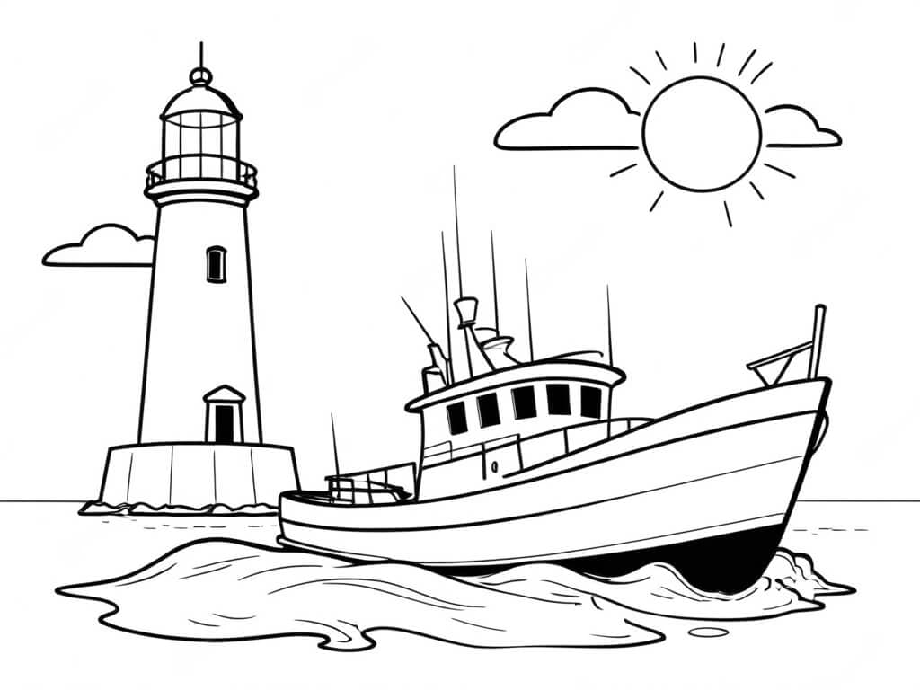 Boat and Lighthouse Coloring Page