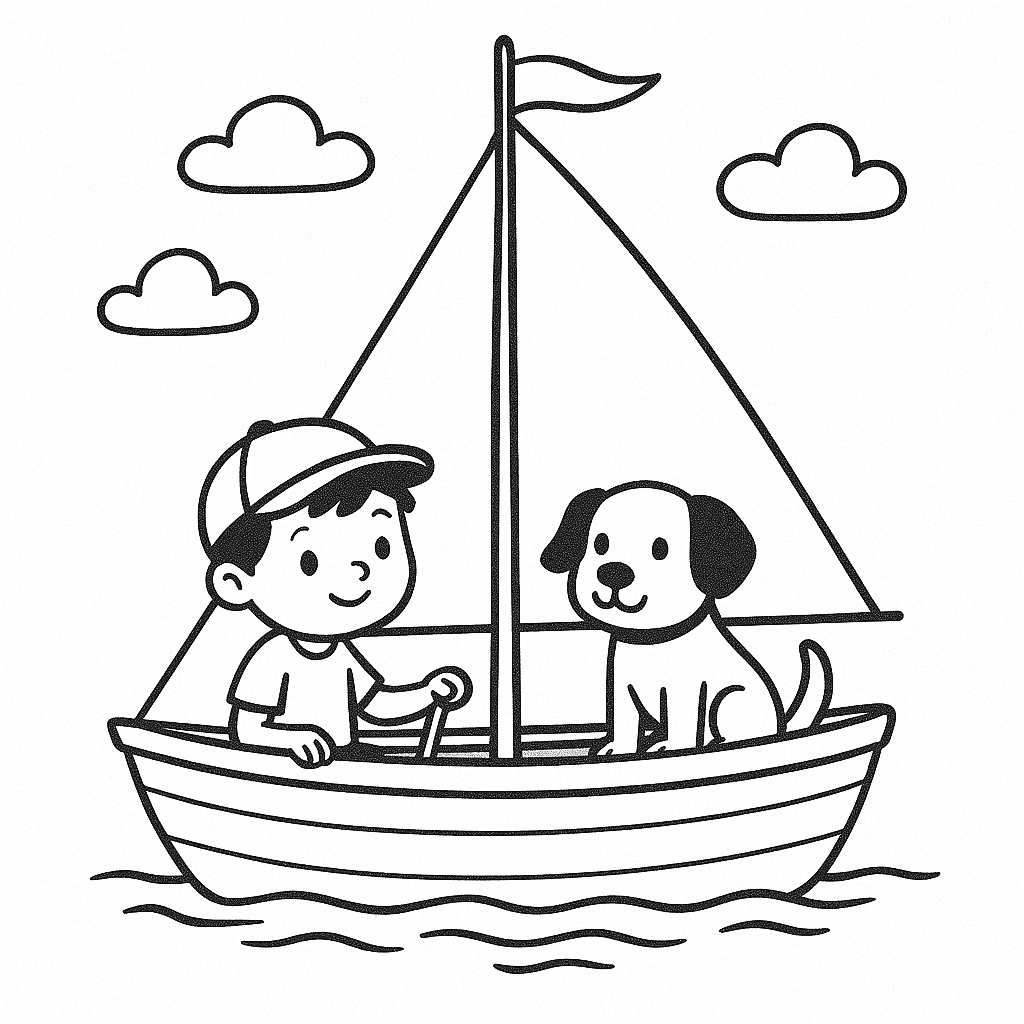 Boat with Child and Dog Coloring Page
