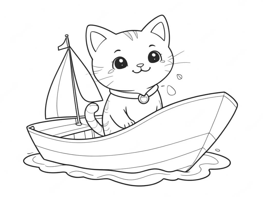Kitten Riding a Boat Coloring Page