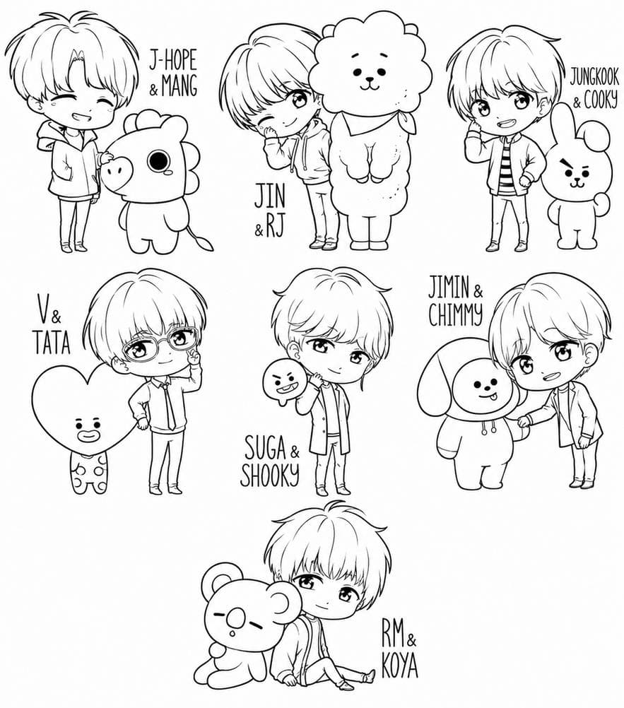 BTS with BT21 characters coloring page