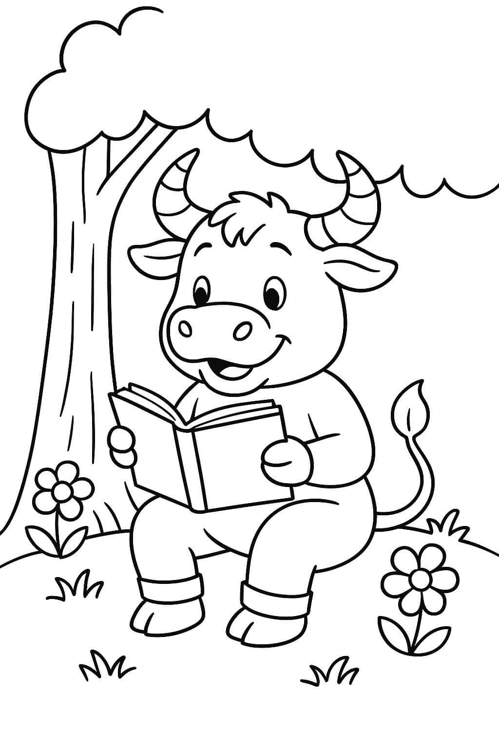 Bull Reading a Book Coloring Page