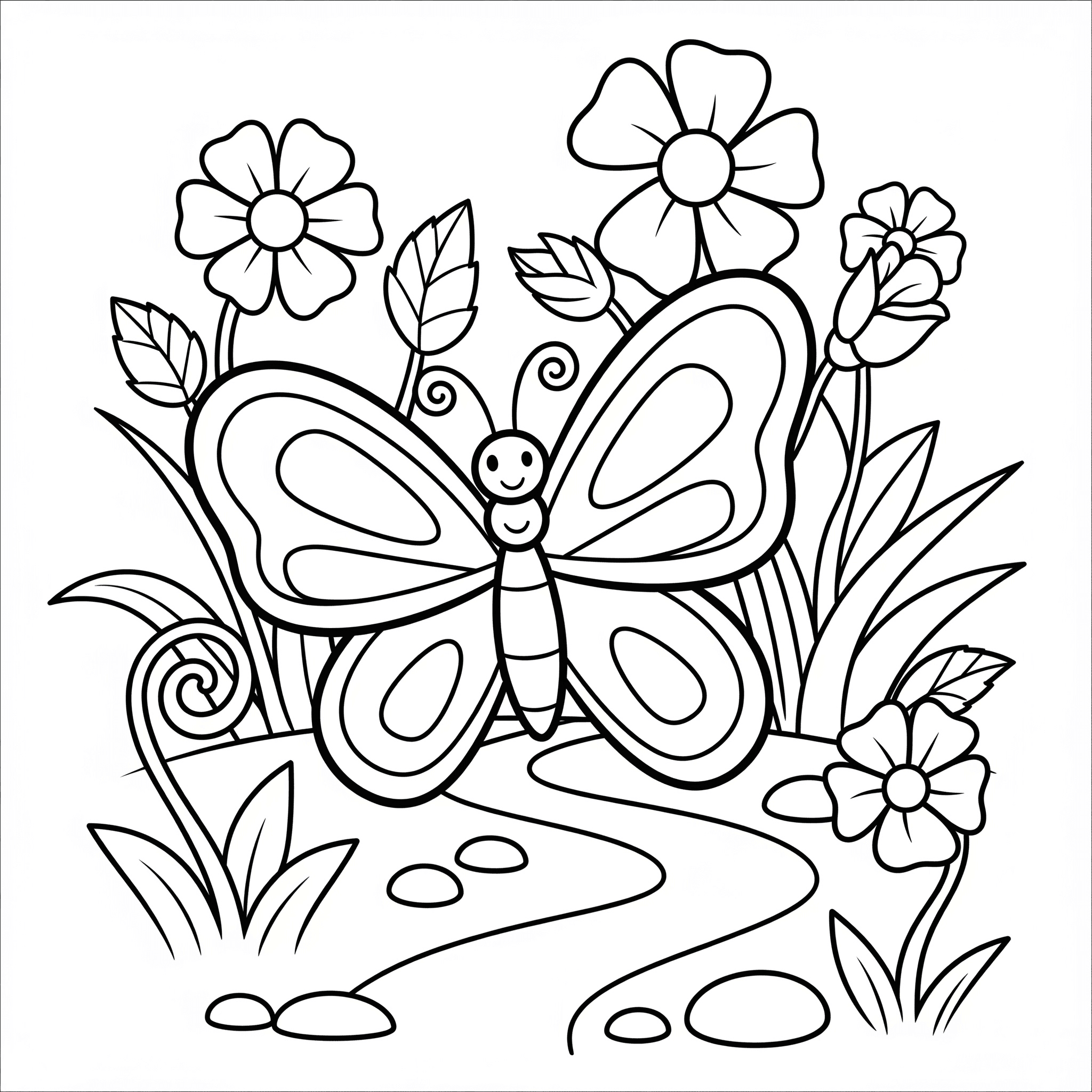 Butterfly and Flowers Coloring Page