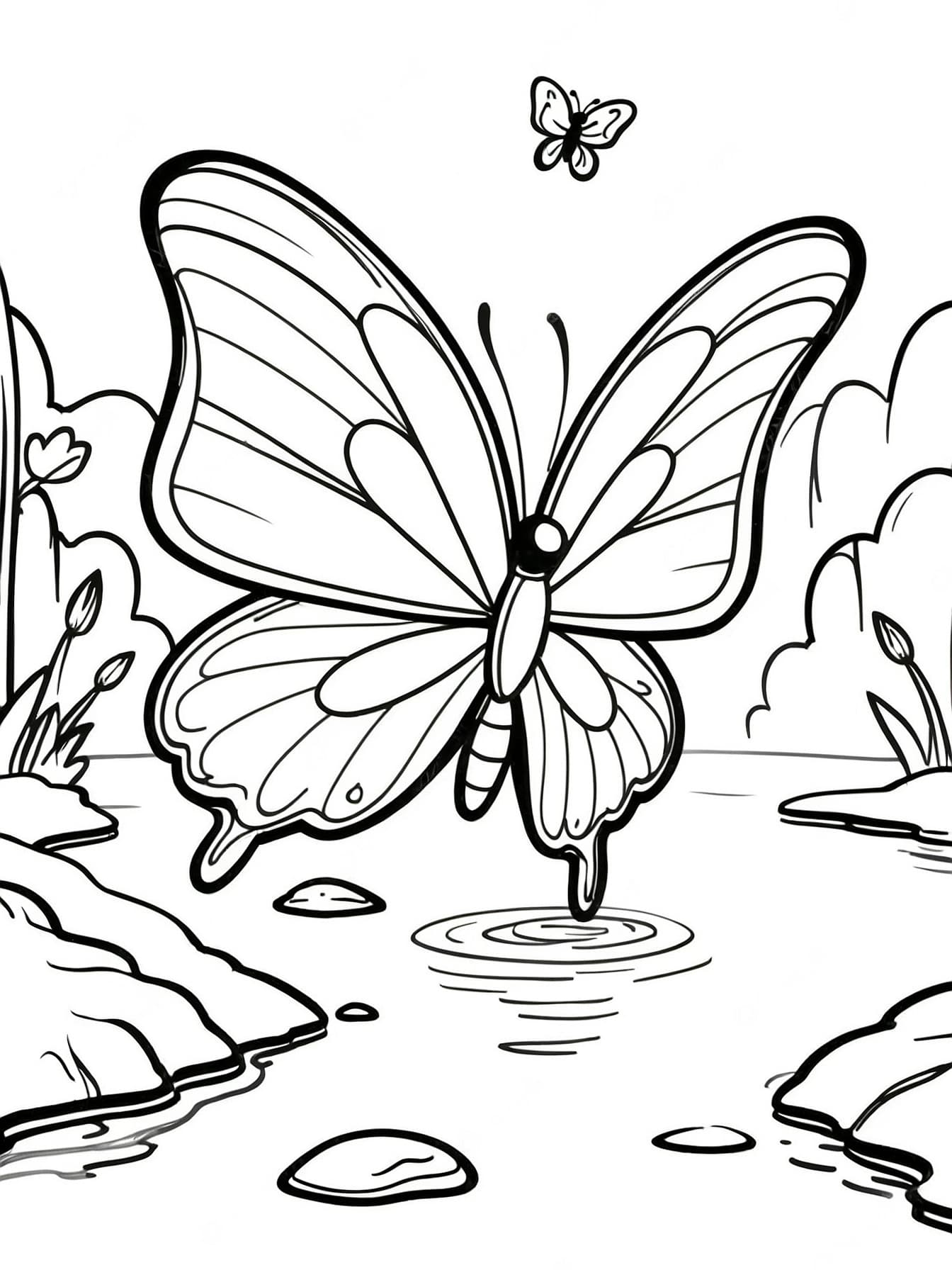 Butterfly by a Calm Stream Coloring Page