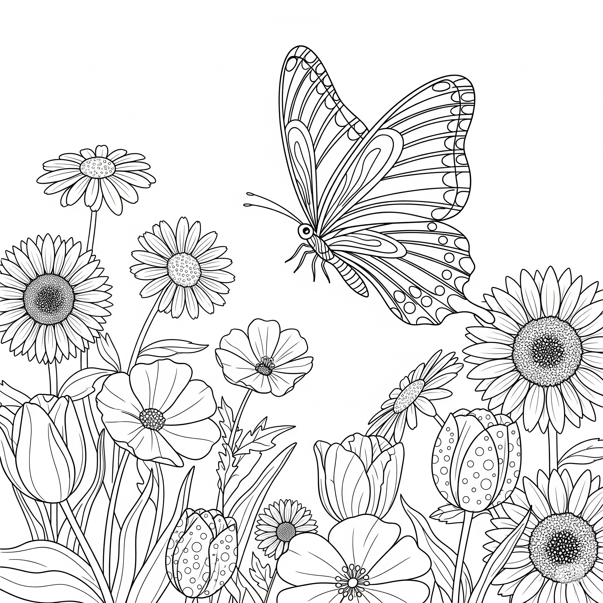 Butterfly in a Flower Field Coloring Page