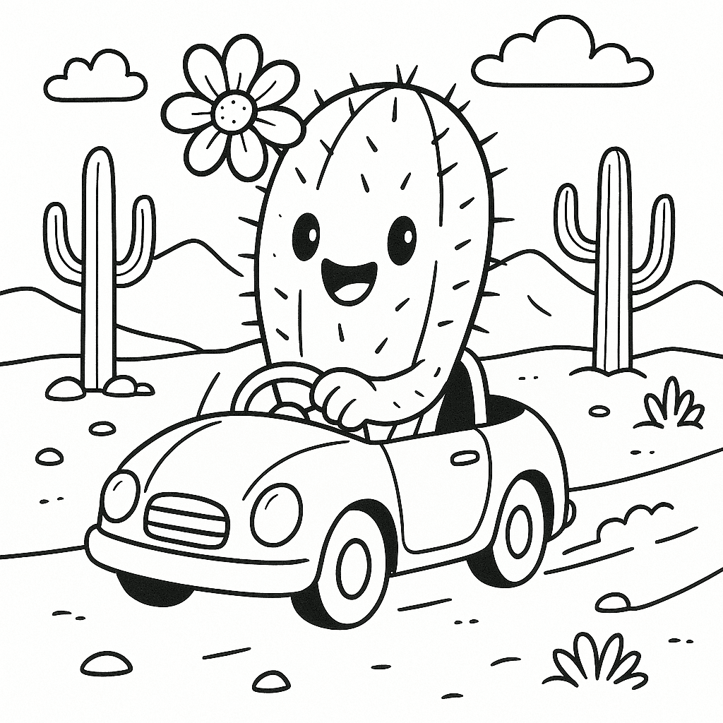 Cactus driving a car coloring page
