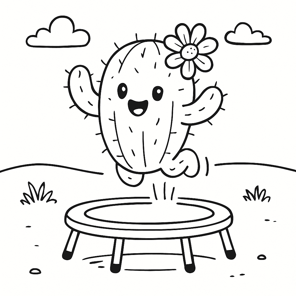 Cactus on a trampoline coloring page