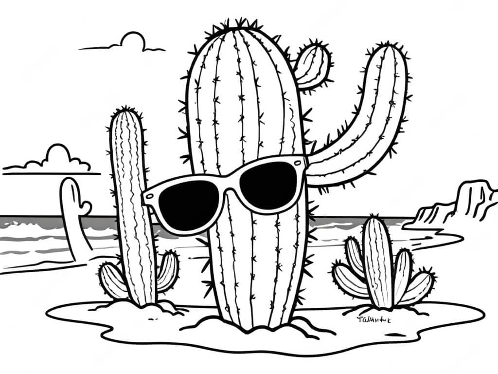 Cactus with sunglasses at the beach coloring page