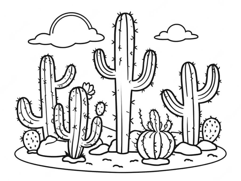 Multiple cacti coloring page
