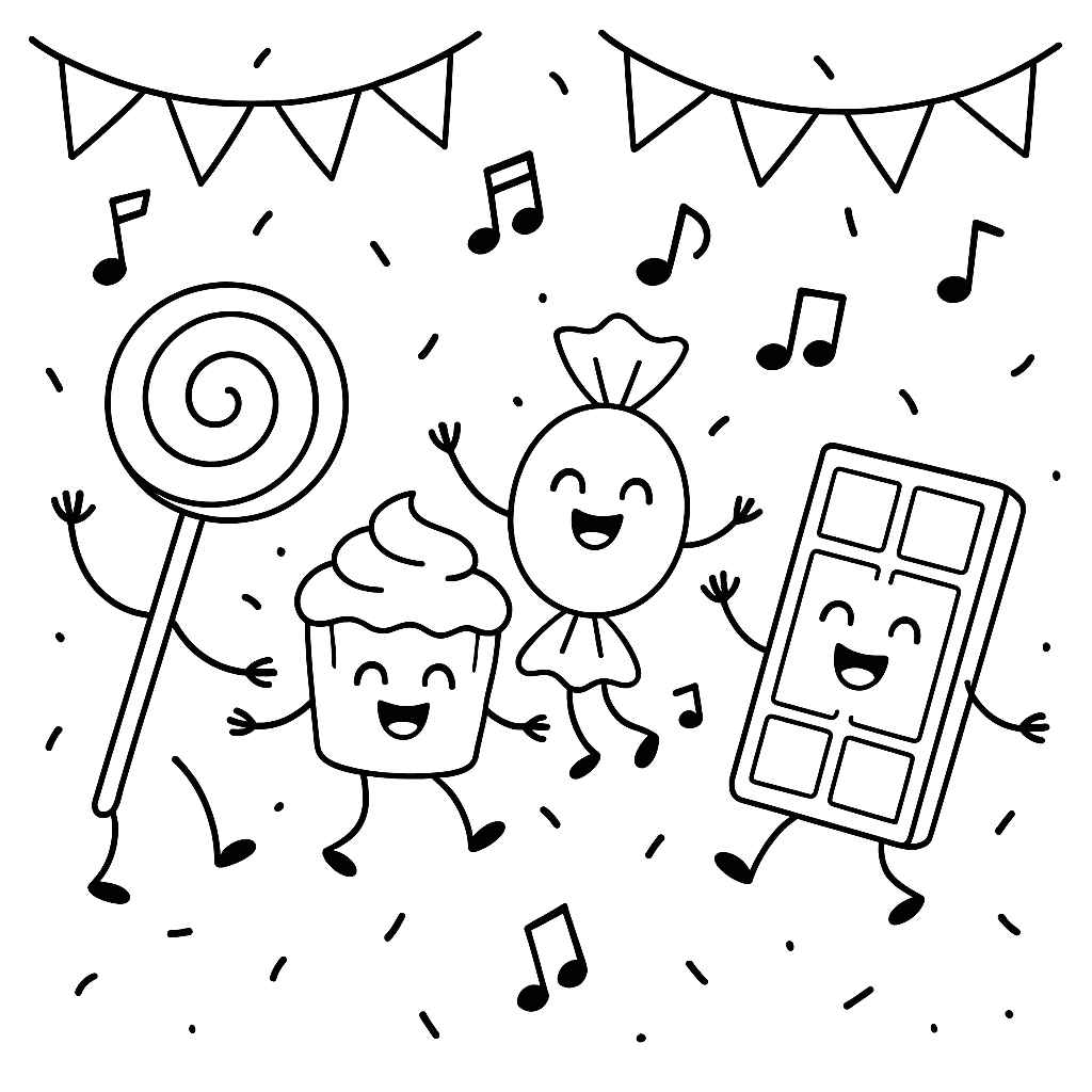 Dancing candies coloring page