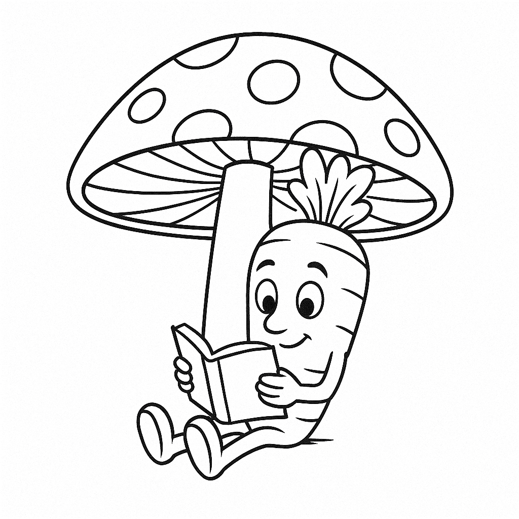 Carrot reading a book under a mushroom coloring page