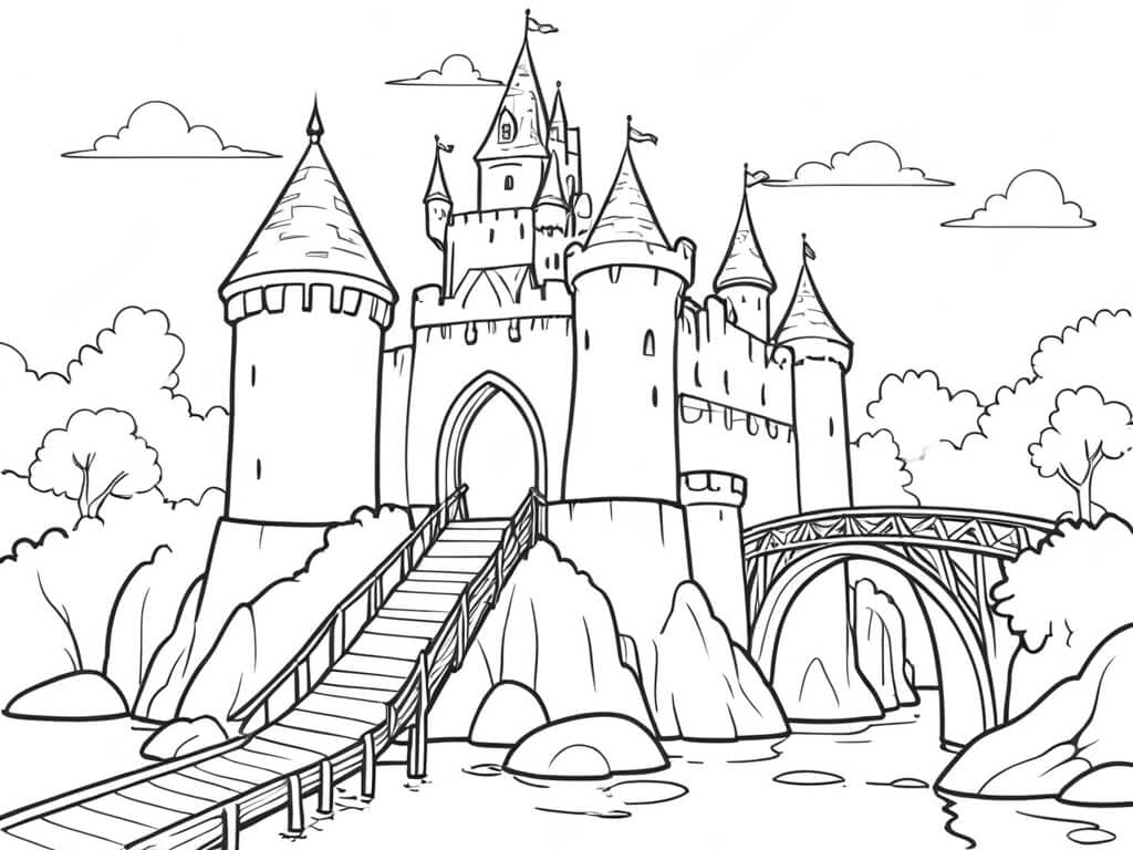 Castle with Bridge Coloring Page