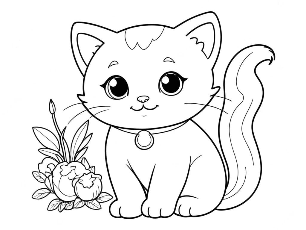 Cat and Flowers Coloring Page