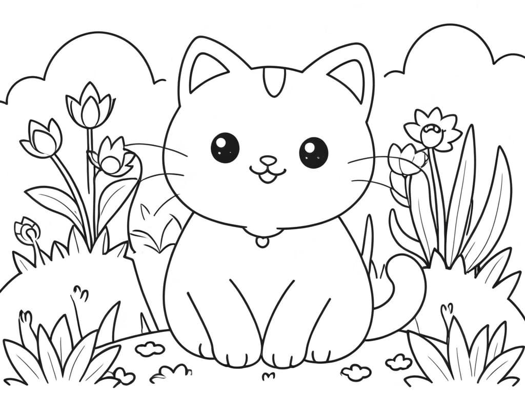 Cat in the Garden Coloring Page