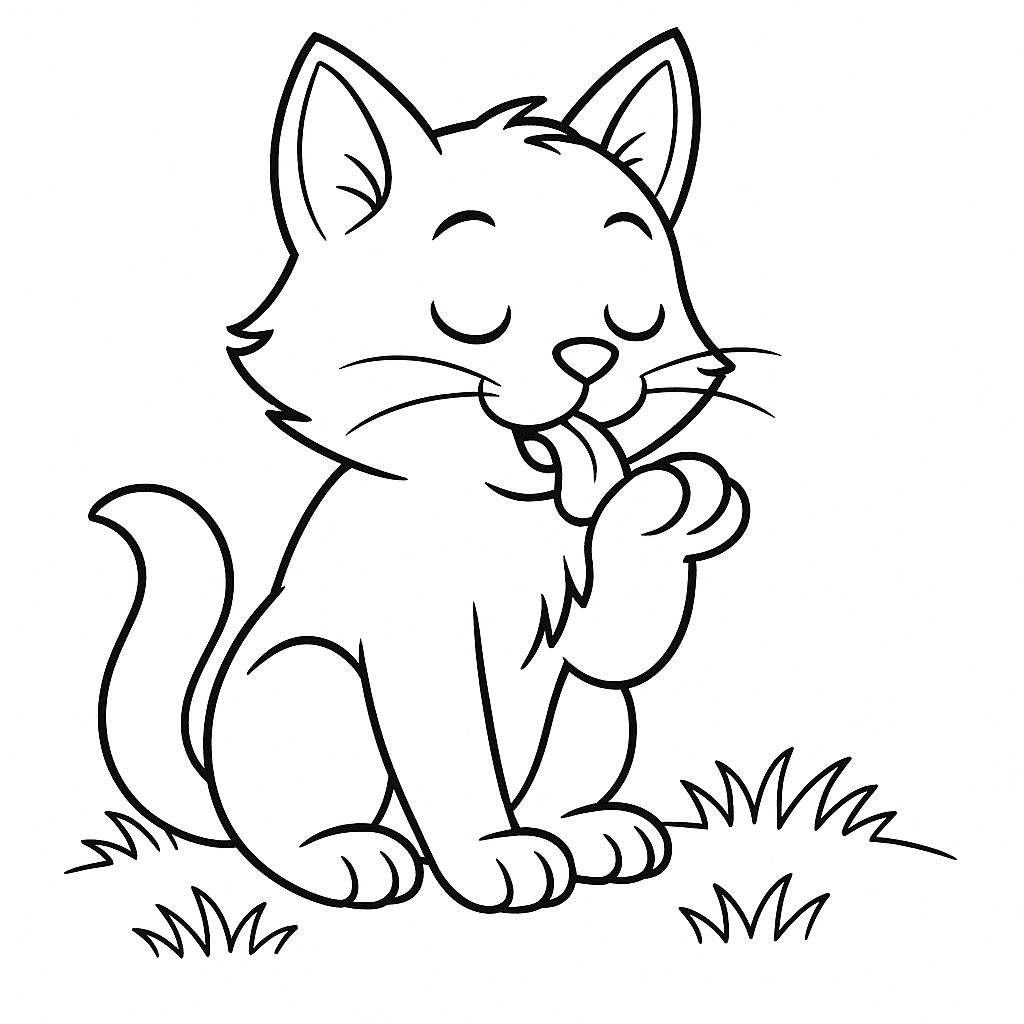 Cat Licking Paw Coloring Page