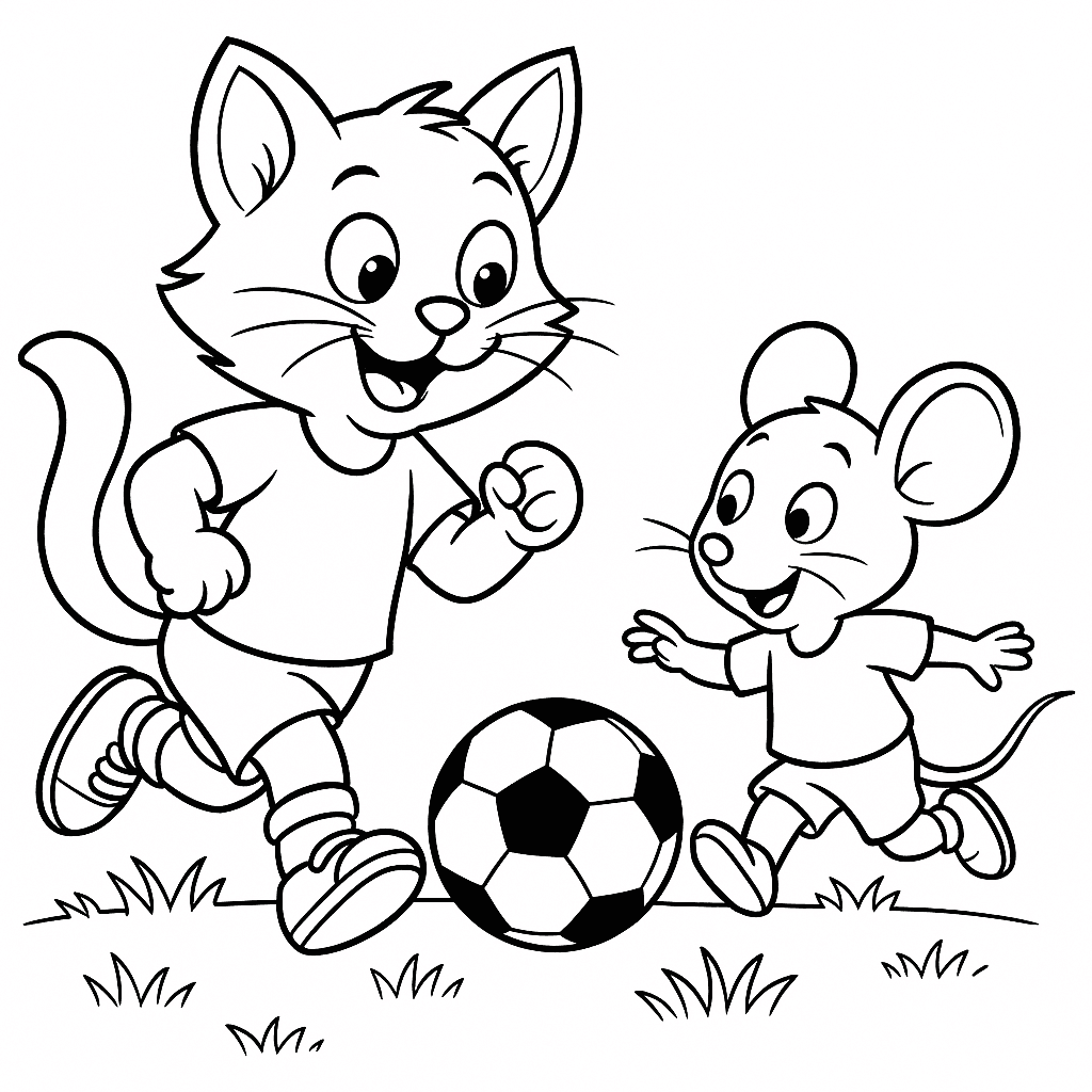 Cat Playing Soccer Against a Mouse Coloring Page