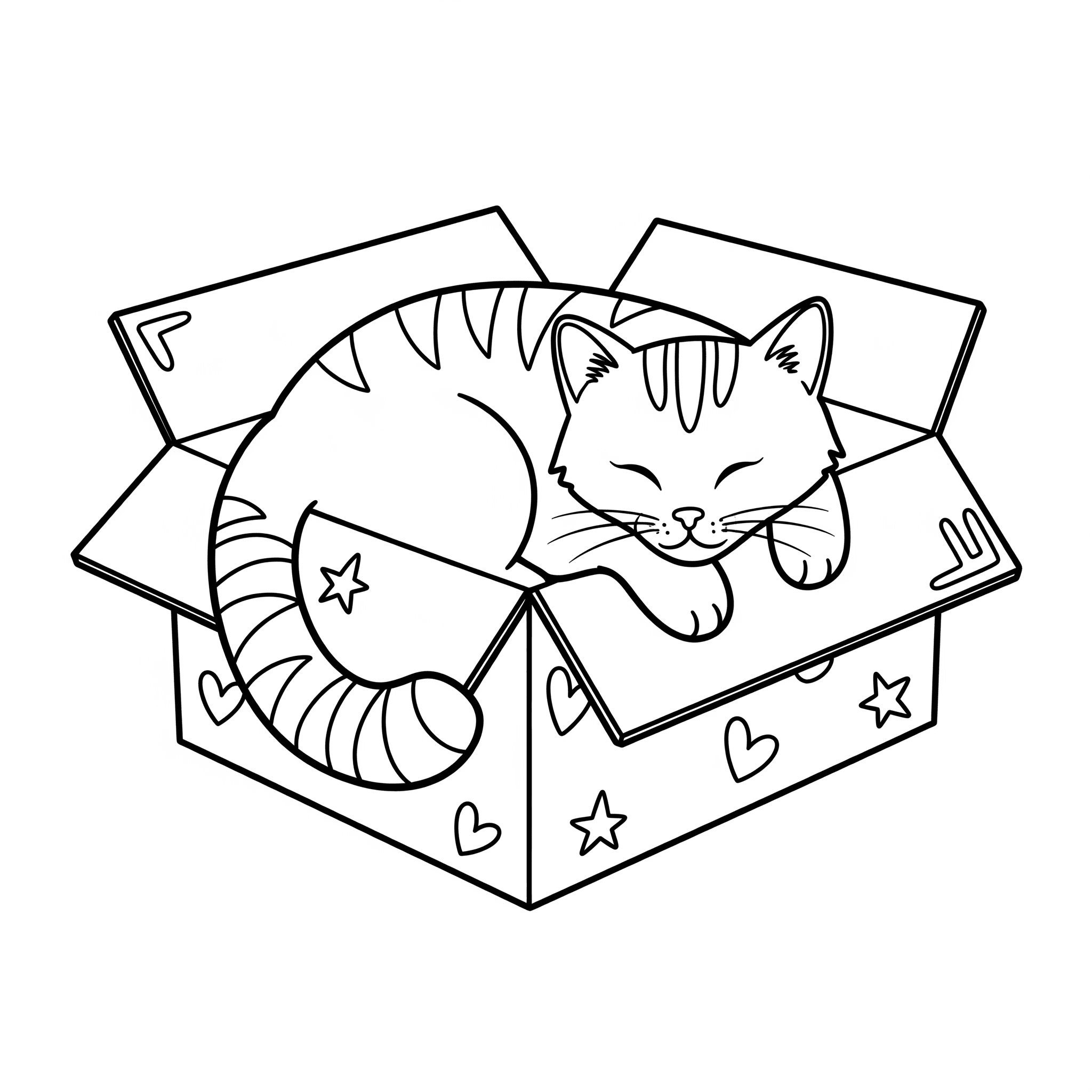 Cat Sleeping in a Box Coloring Page