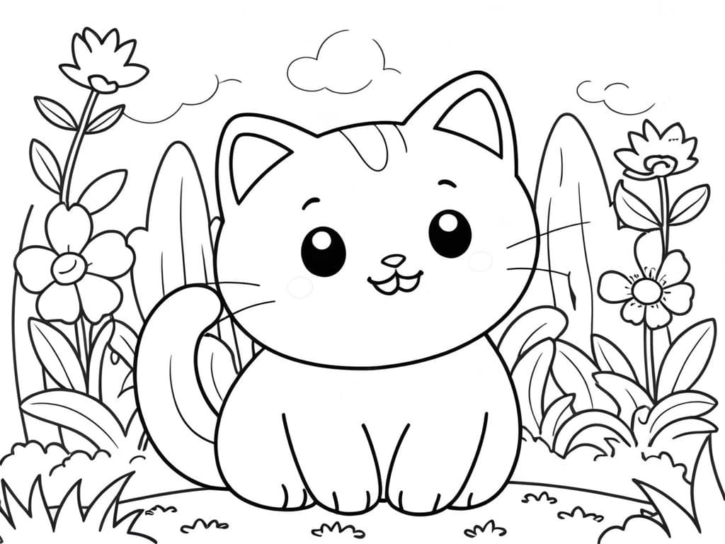 Kitten in the Garden Coloring Page