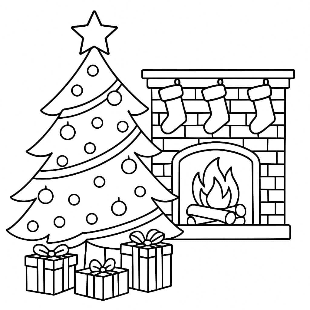 Christmas Tree and Fireplace Coloring Page