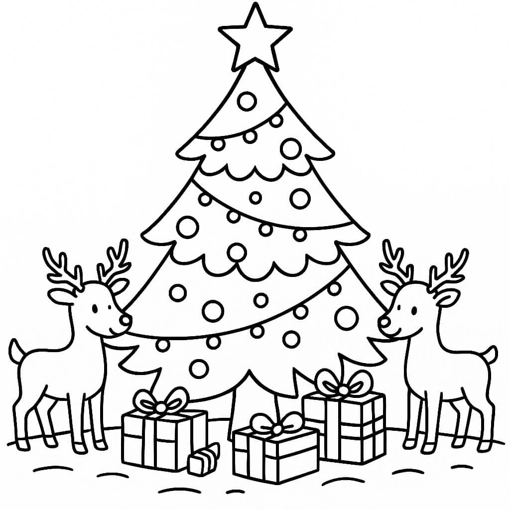 Christmas Tree and Reindeer Coloring Page