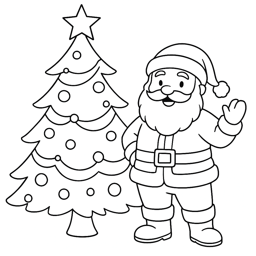 Christmas Tree and Santa Coloring Page