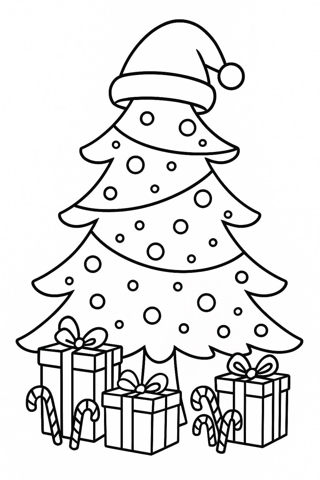 Christmas Tree with Santa Hat Coloring Page