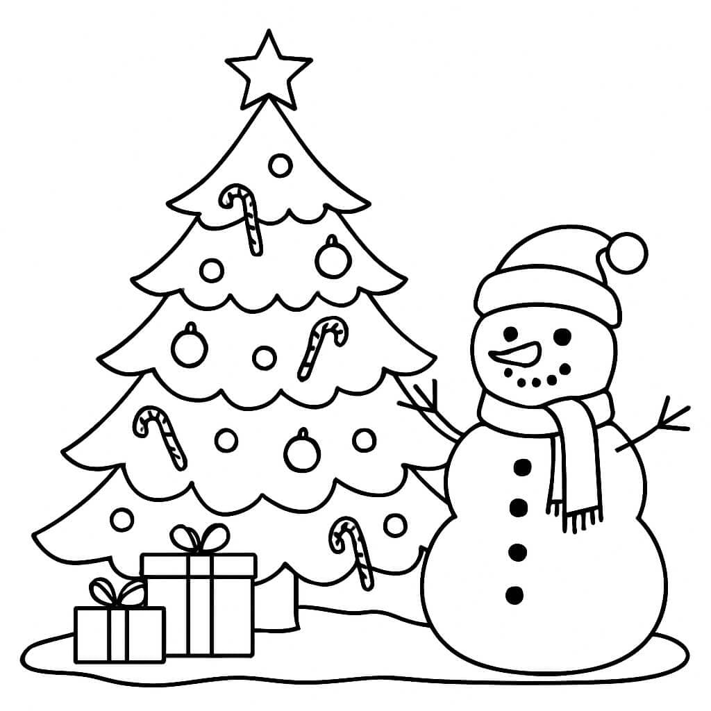 Christmas Tree with Snowman Coloring Page