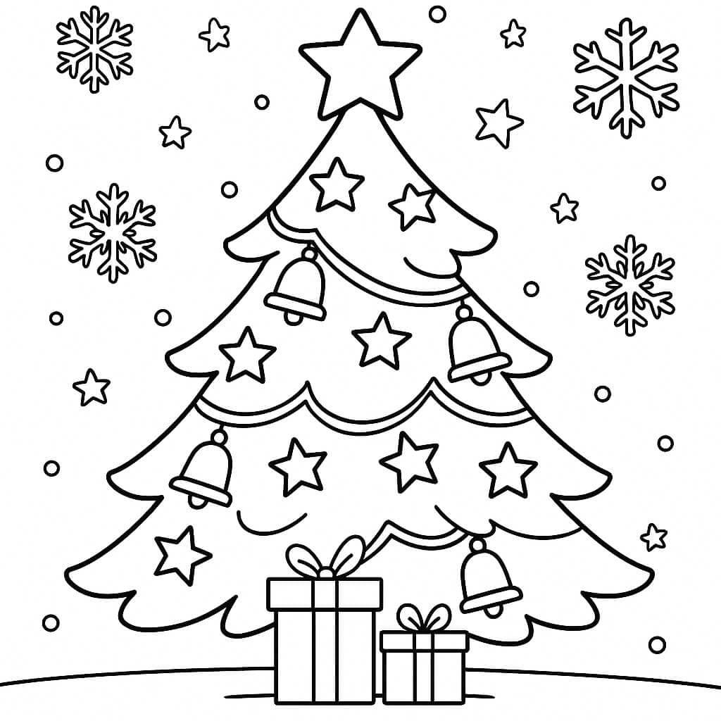 Christmas Tree with Stars and Bells Coloring Page