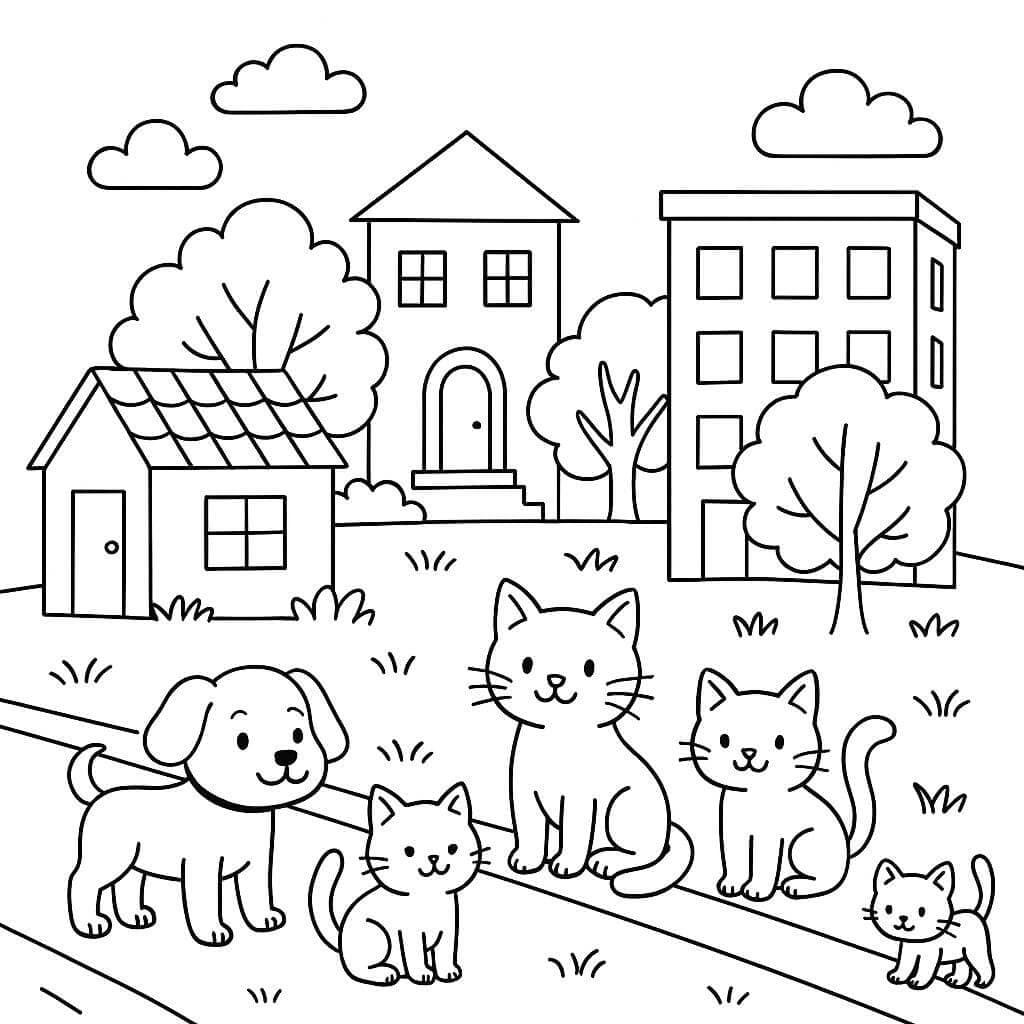 Animals in the city coloring page