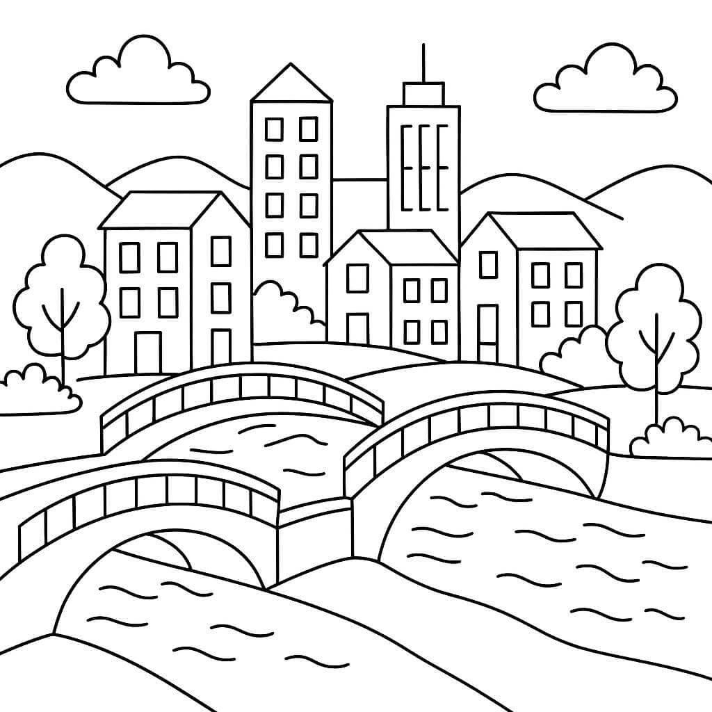 City with bridges coloring page
