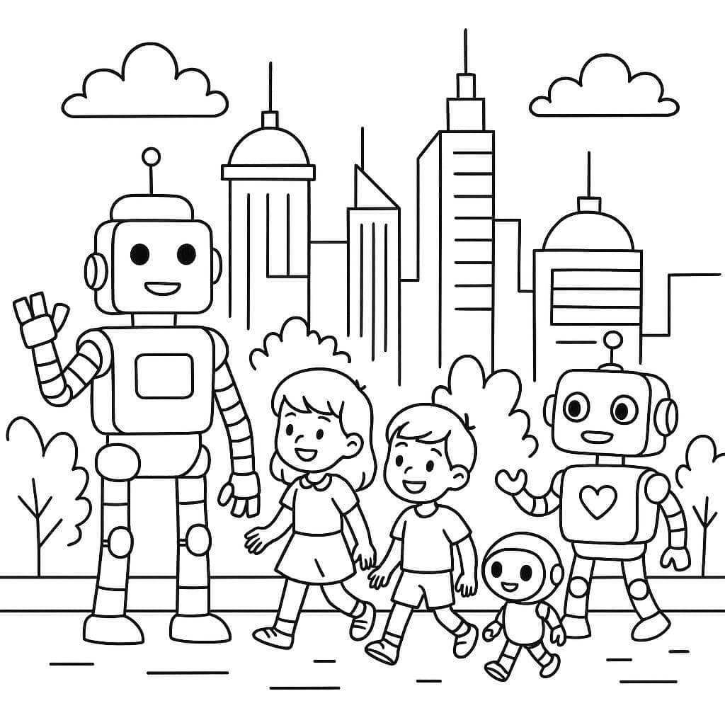 City with robots coloring page
