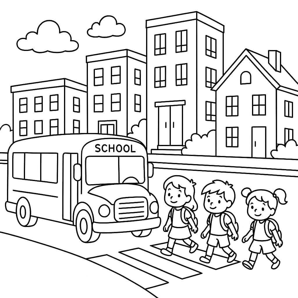 School bus in the city coloring page
