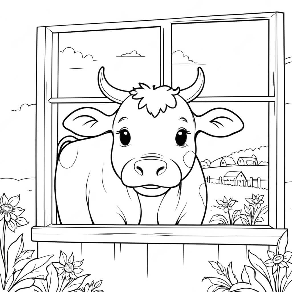 Cow at the Window Coloring Page