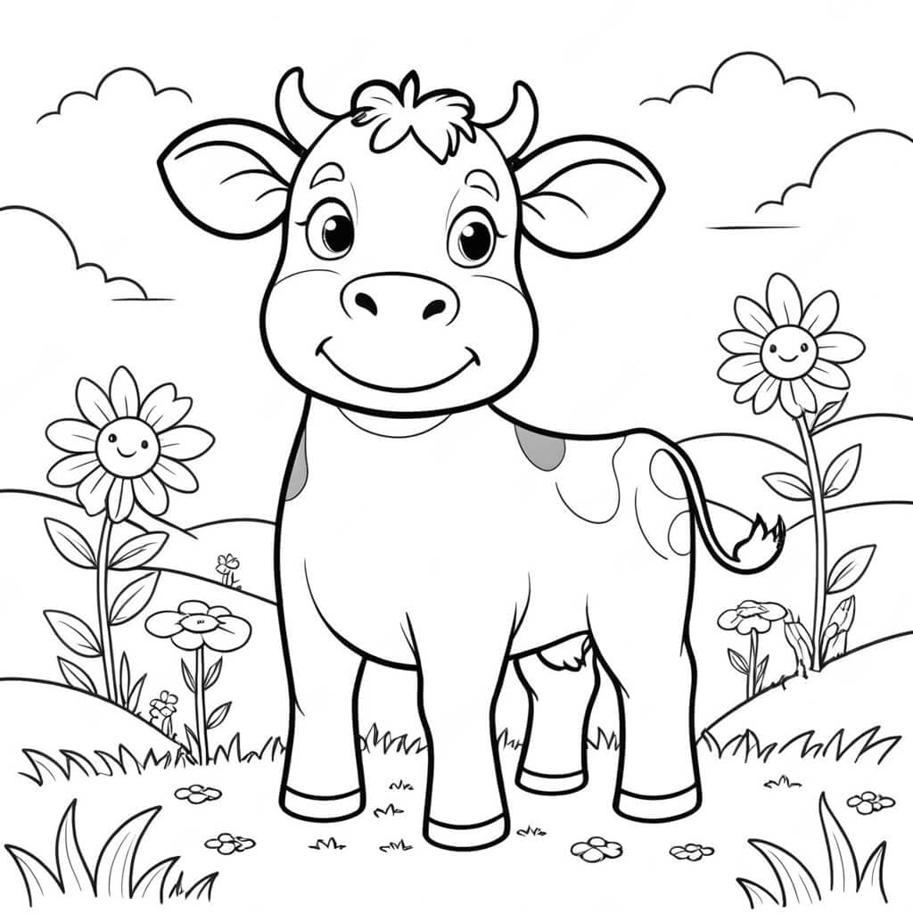 Cow in the Garden Coloring Page