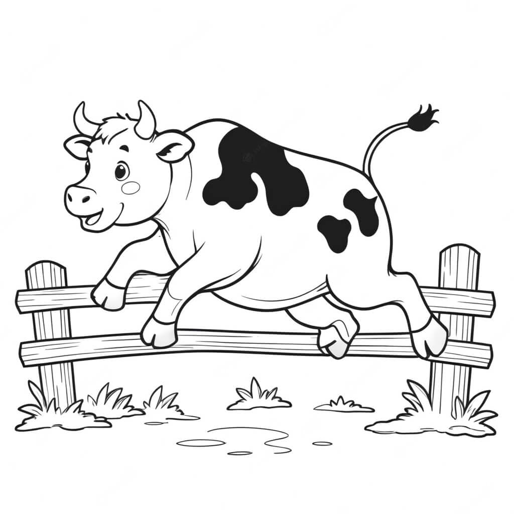 Cow Jumping Over the Fence Coloring Page